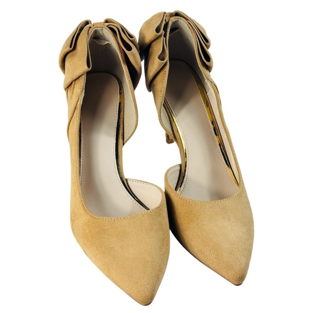 Coutgo Pointed Toe High Heel Pump Shoes with Back Bow Faux Suede Khaki Size 7